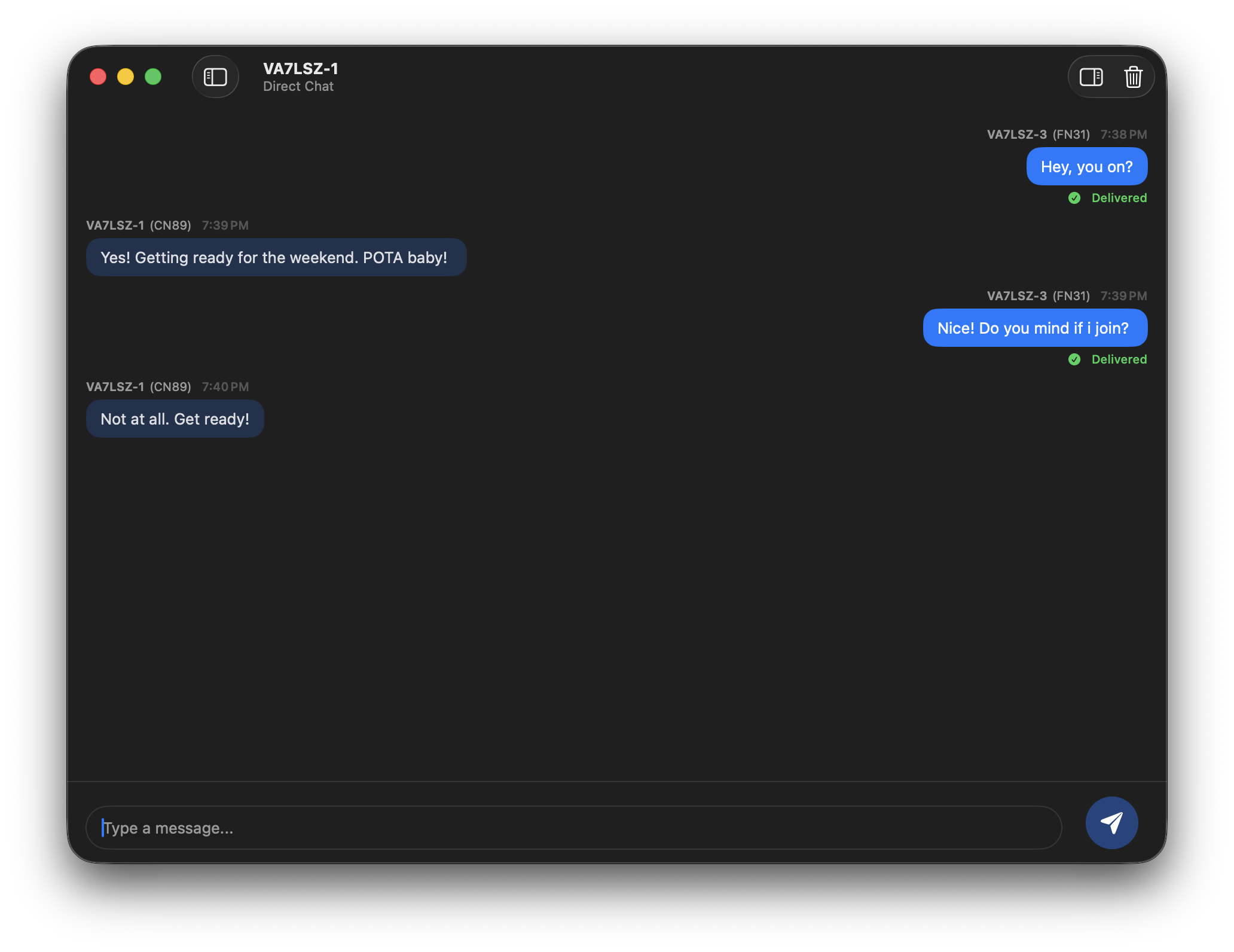 VEChat macOS direct chat with delivery confirmation